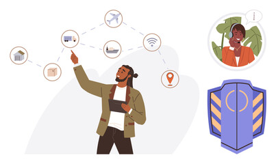 Man with tablet points to logistics network icons connected by dots, representing transport, communication, a shield for data security, and a support agent. Ideal for logistics, tech, communication