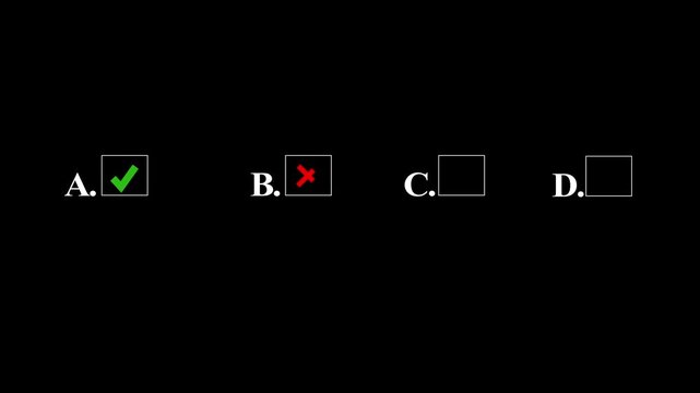MCQ option select animation for quiz. Checkboxes with correct and incorrect marks with alpha channel.MCQ question, Quiz icon