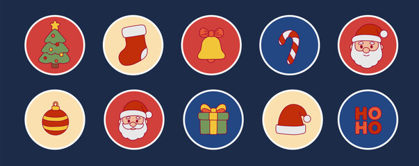 Christmas circle icons set with Santa, tree, gifts, candy cane, stocking, bell and ornaments. Cute retro cartoon xmas illustration, festive vector stickers for holiday, winter and new year celebration