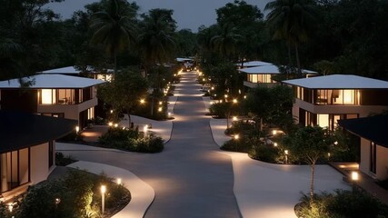 Luxurious resort at night with illuminated pathways