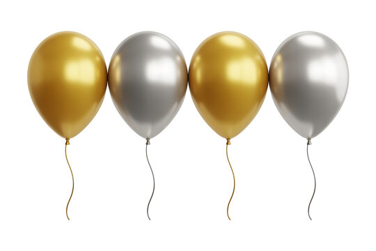 Four metallic balloons in gold and silver hues float, celebrating a festive and glamorous occasion.