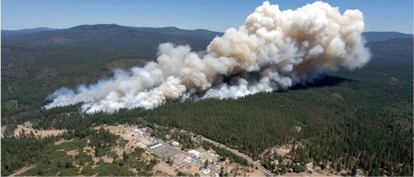 Fototapeta Large wildfire releases thick smoke over forested area near community in northern California during summer months