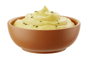 Creamy, pale yellow mashed potatoes with fresh herbs, served in a rustic brown bowl.