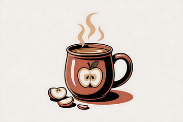 Warm beverage steams from a rustic mug decorated with an apple motif and scattered fruit.