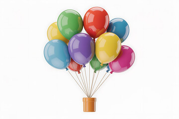 A vibrant cluster of colorful balloons rises from a small orange bucket, conveying joy and celebration.