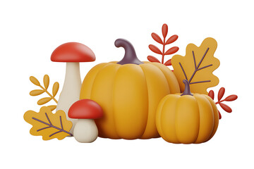 Vibrant autumn scene with pumpkins, mushrooms, and colorful leaves, evoking warmth and harvest.