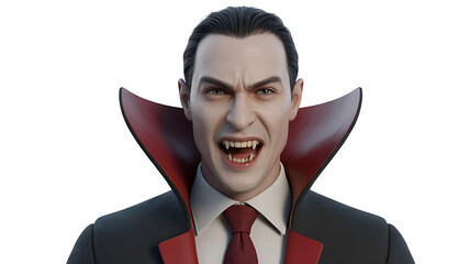 A menacing figure with sharp fangs and a formal suit exudes a dark, supernatural presence.