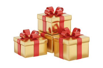 Stacked golden gift boxes adorned with vibrant red ribbons, symbolizing celebration and generosity.