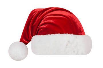 Festive red hat with fluffy white trim, evokes holiday cheer and winter celebrations.