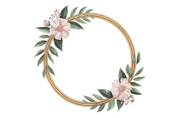 Elegant floral wreath with delicate pink blossoms and lush green foliage, creating a natural frame.