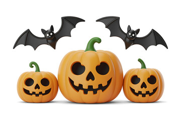Festive pumpkins with carved faces, surrounded by bats, evoke a spooky Halloween atmosphere.