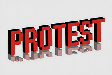 Bold, 3D text "PROTEST" in red and black conveys a message of dissent and opposition.