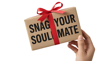 A hand holds a wrapped gift box with a red ribbon and playful text.