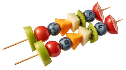 Colorful fruit skewer with blueberries, kiwi, cantaloupe, and cherry tomatoes, a healthy snack.