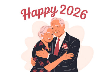 Smiling couple embraces warmly, celebrating the year 2026 with joy and affection.