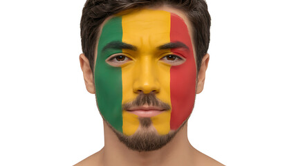 Man's face adorned with vibrant flag colors, representing national pride and cultural identity.