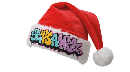Festive red hat with white trim and colorful graffiti lettering, conveying holiday cheer.