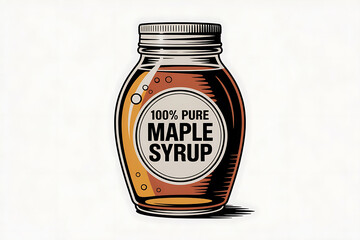 Glass jar filled with golden syrup, labeled "100% pure maple syrup," showcasing a sweet treat.