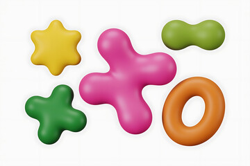 Colorful abstract shapes, including a star, ring, and blob, playfully arranged together.