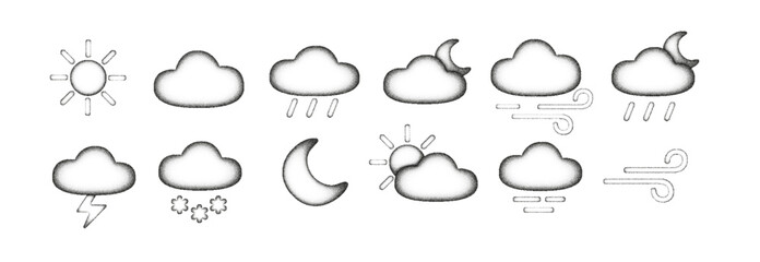 Weather sketch icons with sun, clouds, rain, snow, moon and wind. Handdrawn weather doodle set, cute vector illustration with pencil texture and sketch style for climate, forecast and weather design