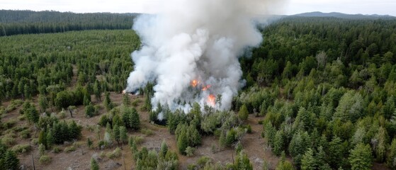 Wildfire spreads through dense forest area with thick smoke billowing above the treetops during daylight hours