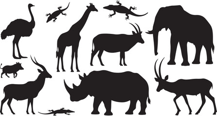 Diverse african wildlife silhouettes for safari nature designs including elephant giraffe rhino and ostrich
