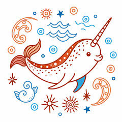 Obraz premium Cute Cartoon Narwhal with Ocean Elements Folk Art Illustration