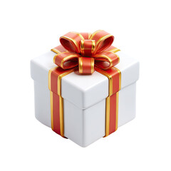 Obraz premium A pristine white square gift box, adorned with a vibrant red-and-gold ribbon bow, sits on a transparent background