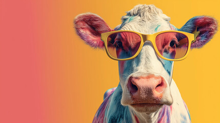 Colorful playful Cow Wearing Bright Yellow Sunglasses Against a Vibrant Gradient Background