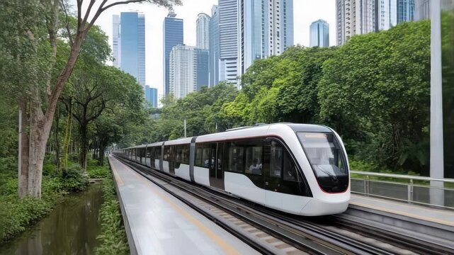 Modern train travels through city near green park