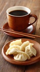 Delicious dumplings served with a cup of coffee on a wooden table, creating a cozy dining experience in the morning