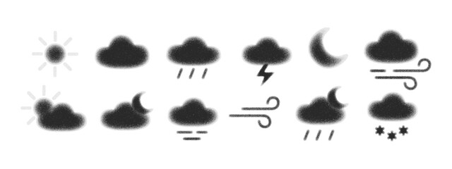 Weather vector icon set with sun, clouds, rain, snow, storm, wind and moon. Handdrawn weather sketch illustration with dot texture and grain shading. Cute icons for forecast, climate and season design