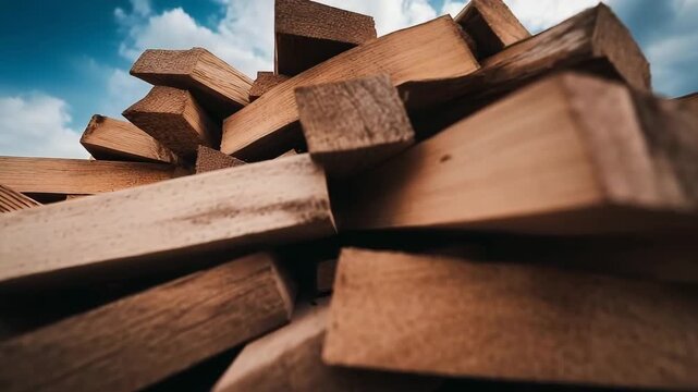 Pile of wooden planks under a blue sky with clouds