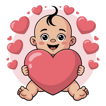 A cute baby holds a heart in a circle of hearts. Baby expresses pure love and joy.