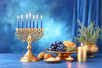 A table covered with a blue tablecloth for Hanukkah celebrations, with a golden menorah, lighted candles and treats on the table