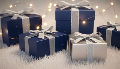 A row of blue and silver wrapped presents are on a white surface. The blue boxes are decorated with silver ribbons and bows. Concept of excitement and anticipation for the upcoming holiday season
