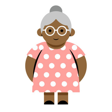 A charming illustration of a senior woman wearing a polka-dot dress and glasses