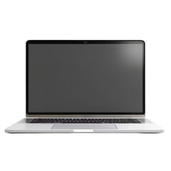 Sleek silver laptop with a dark, blank screen, subtly reflecting light; closed, front view