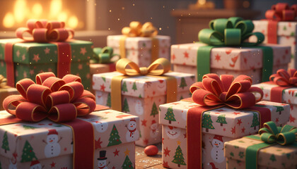 A bunch of Christmas presents with bows on them. The presents are in different colors and sizes. Scene is festive and joyful, as it is a representation of the holiday season