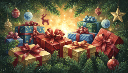 A painting of a Christmas tree with many presents and decorations. The mood of the painting is festive and joyful