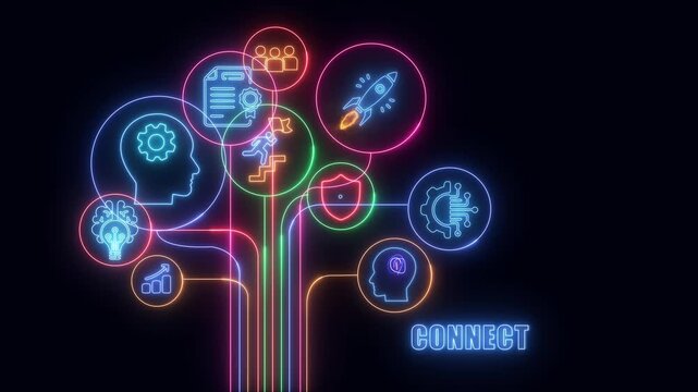 business shows glowing neon line banner of CONNECT concept with icons of responsibility, customers, integrity, goals, teamwork, commitment and innovation isolated on transparent background.