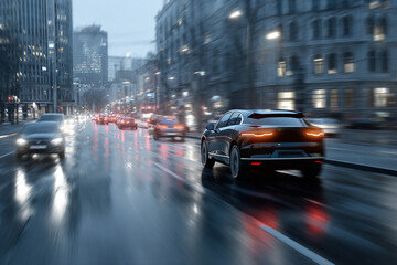 Blurred image of moving cars in the city in cloudy weather.