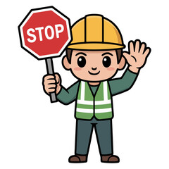 A construction worker holds a stop sign with a happy expression and waving. The sign has the word STOP in capital letters