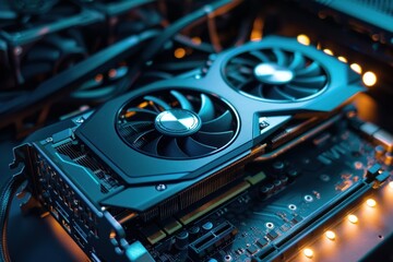 Close up of a modern graphics card, highlighting its cooling system with dual fans, ensuring efficient heat dissipation during intense gaming or computational tasks