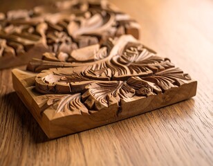 Close-up shot of two ornately carved wooden panels on a wood surface