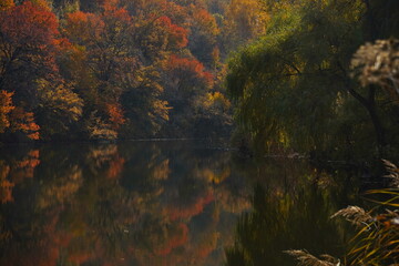 Soldier Lake. A lake in a mountainous area with different vegetation. Bright juicy autumn leaves, leaf fall and reflection in the water.