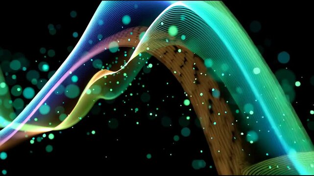 Glowing smooth wave in green and cyan hues surrounded by floating particle lights, representing audio signal or digital frequency in motion through space.