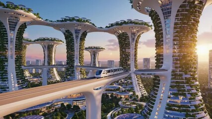 Animated aerial view of a futuristic solarpunk city with a monorail. Sustainable skyscrapers feature vertical gardens and solar panels. Green technology and eco-friendly urban living concept - Powered by Adobe