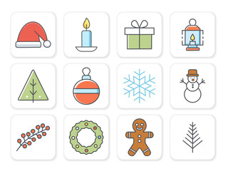 A set of flat Christmas vector icons holiday symbols Santa hat, candle, gift, lantern, tree, ball, snowflake, snowman, berry branch, wreath, gingerbread man. Bright pastel colors, minimalist design