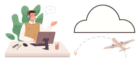 Customer service representative with headset at desk, cloud for data storage, airplane symbolizing travel. Ideal for travel management, customer support, tourism, cloud computing, aviation, remote